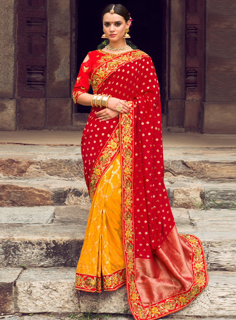 Red Silk Half N Half Saree With Cold Shoulder Sleeves Blouse  106485