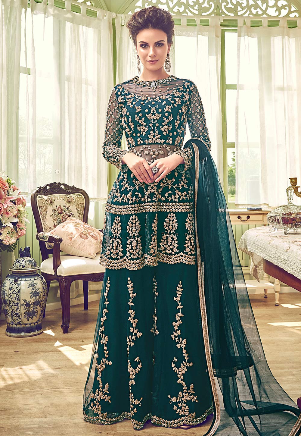 Teal Green Net Embroidered Palazzo Suit 165800