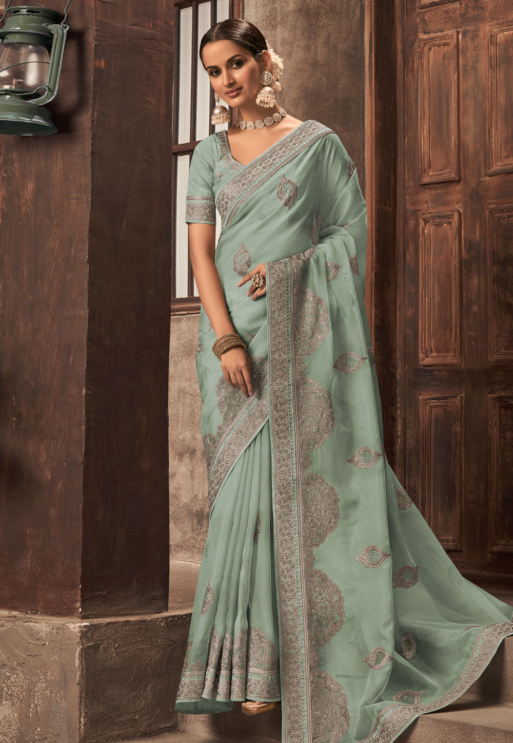 Sea Green Organza Saree With Blouse 249837