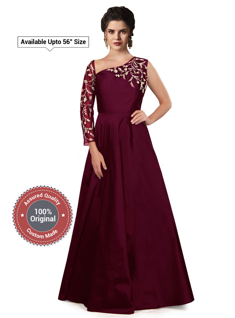 Magenta Satin Embroidered Gown 154576