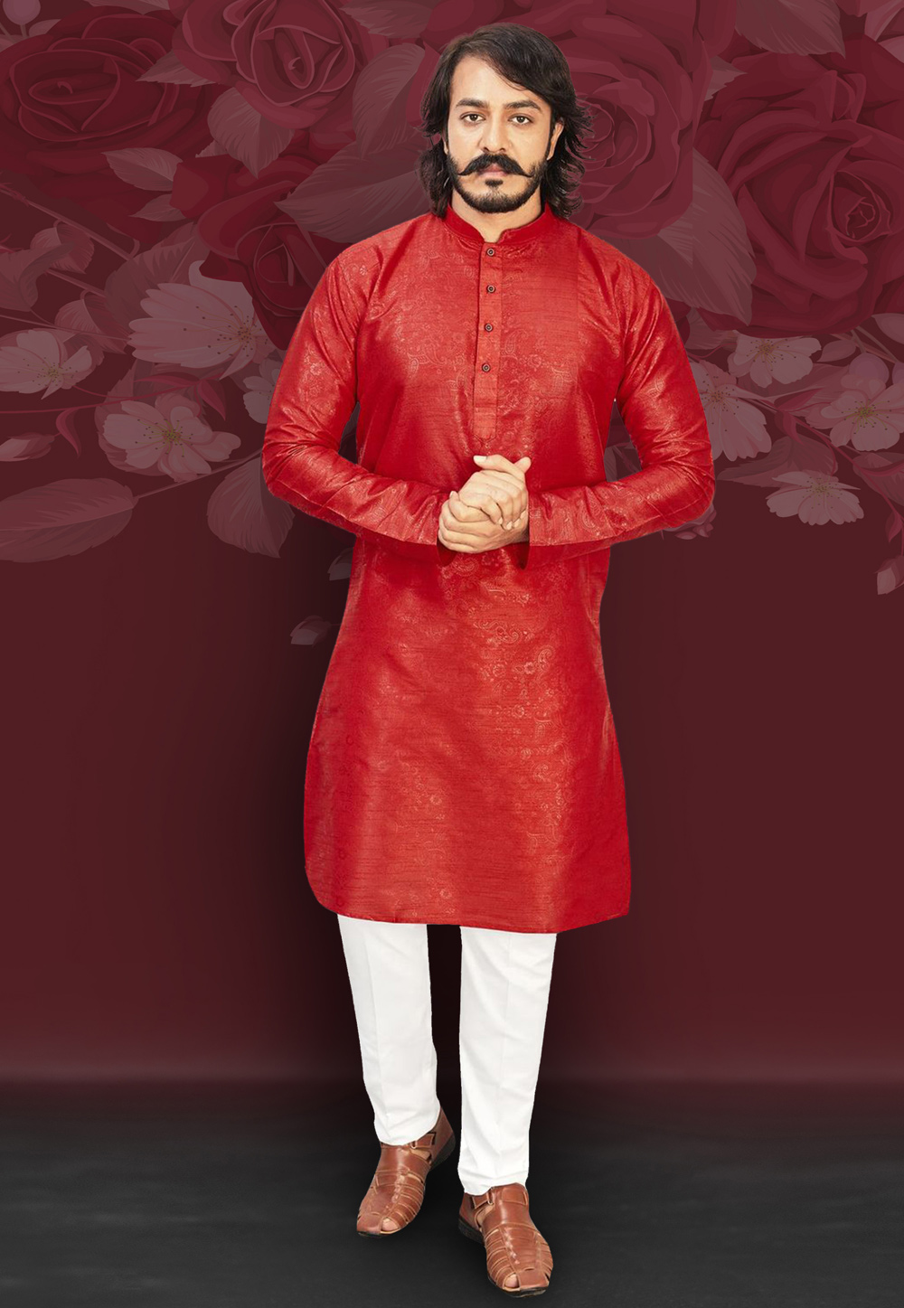 Red Art Silk Readymade Kurta Pajama 214615