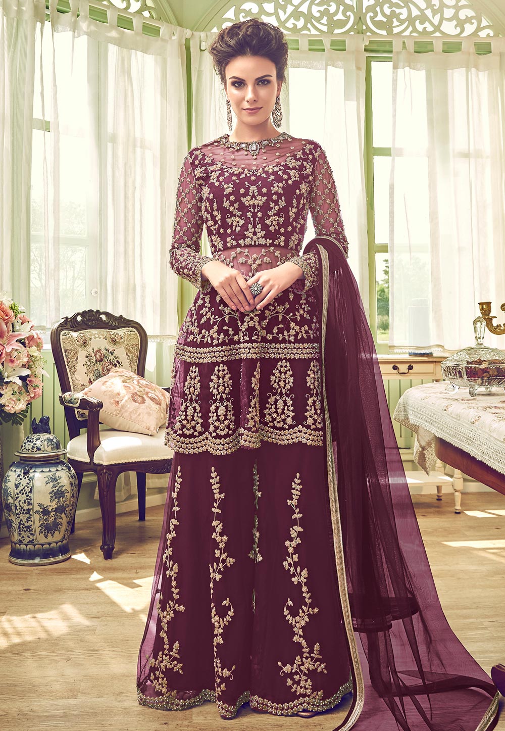 Purple Net Embroidered Palazzo Suit 177796
