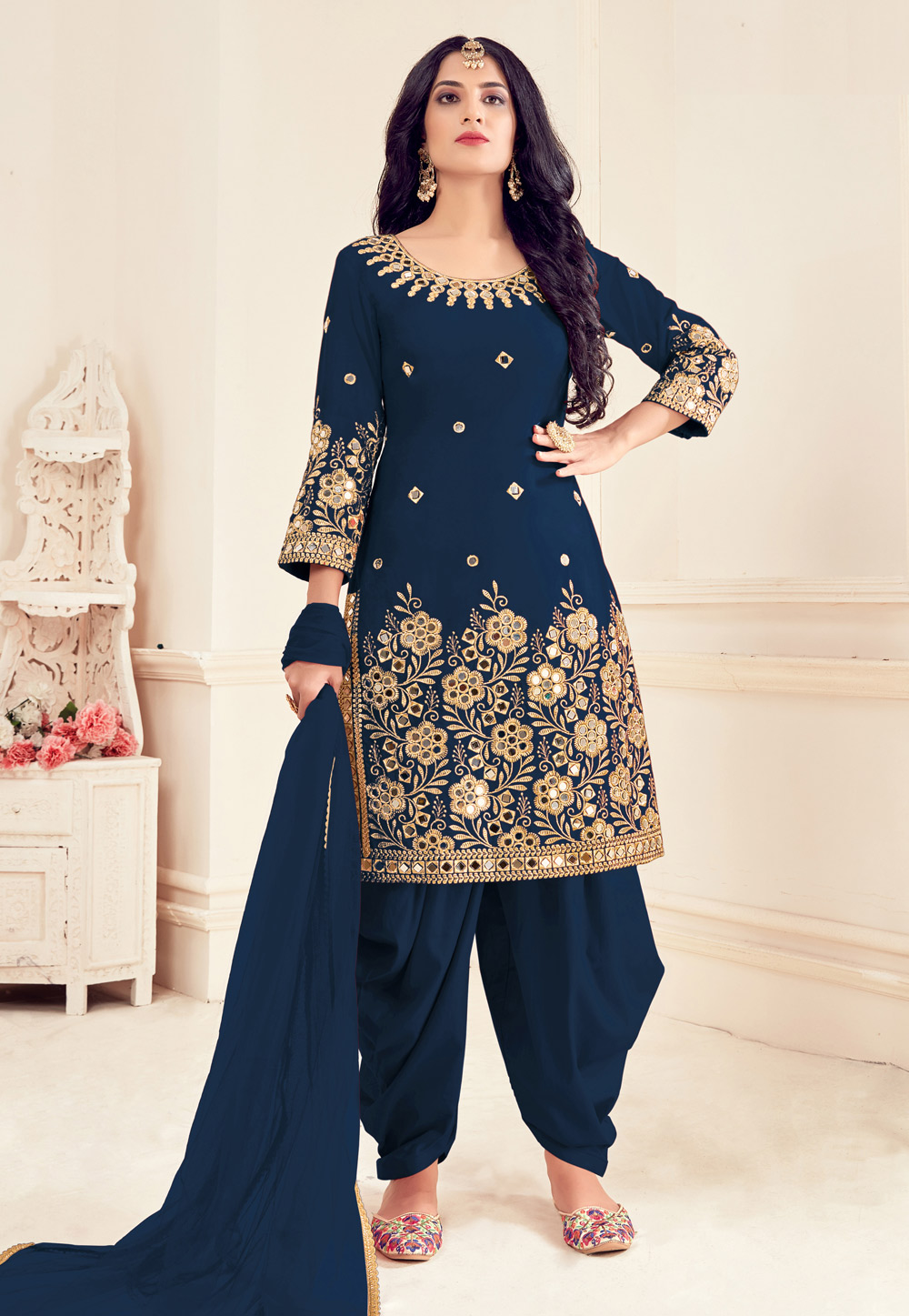 Navy Blue Silk Mirror Work Punjabi Suit 230920