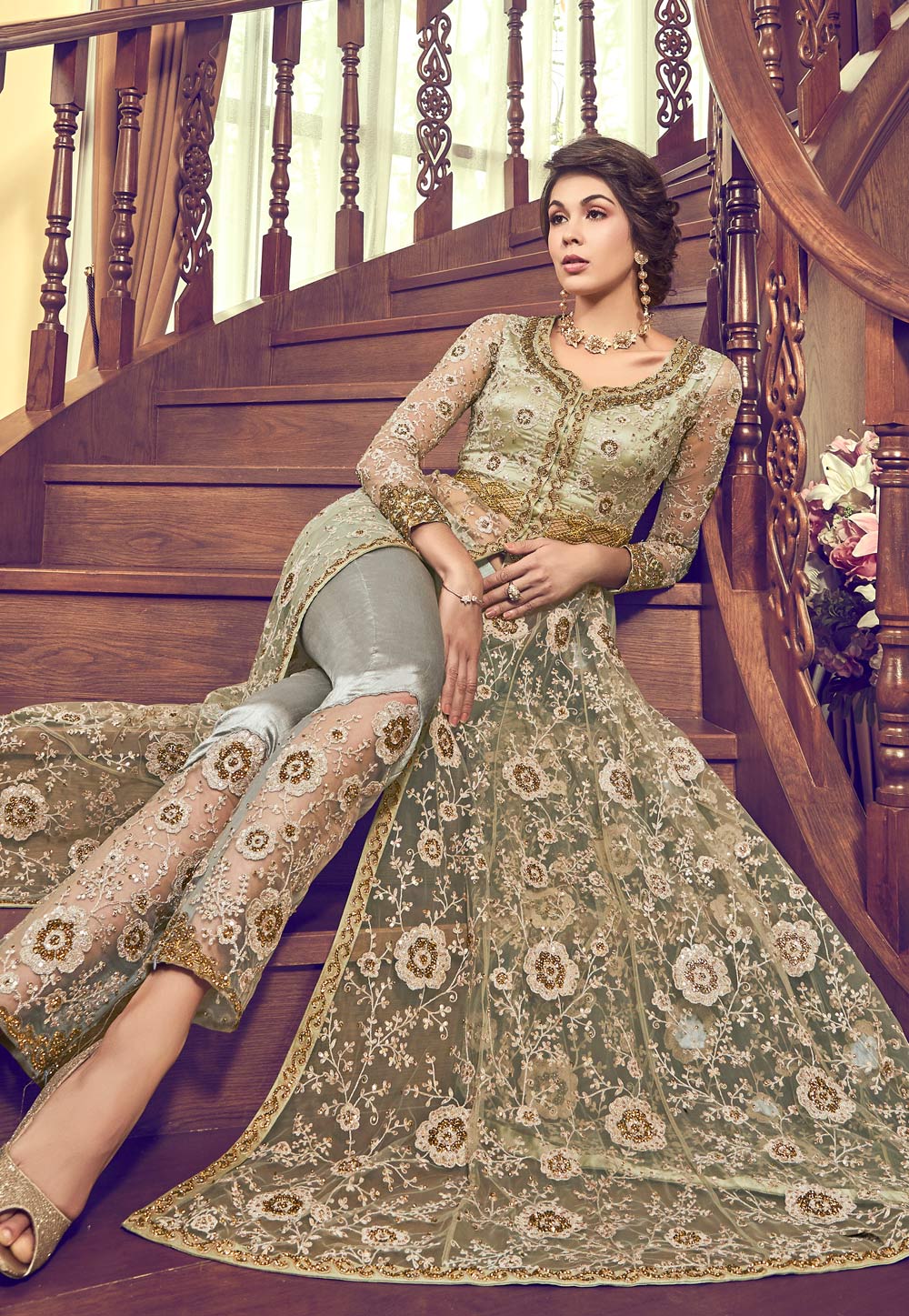 Pista Green Net Embroidered Pant Style Suit 165801