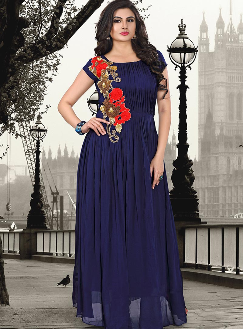 Navy Blue Pure Georgette Party Wear Gown 56840