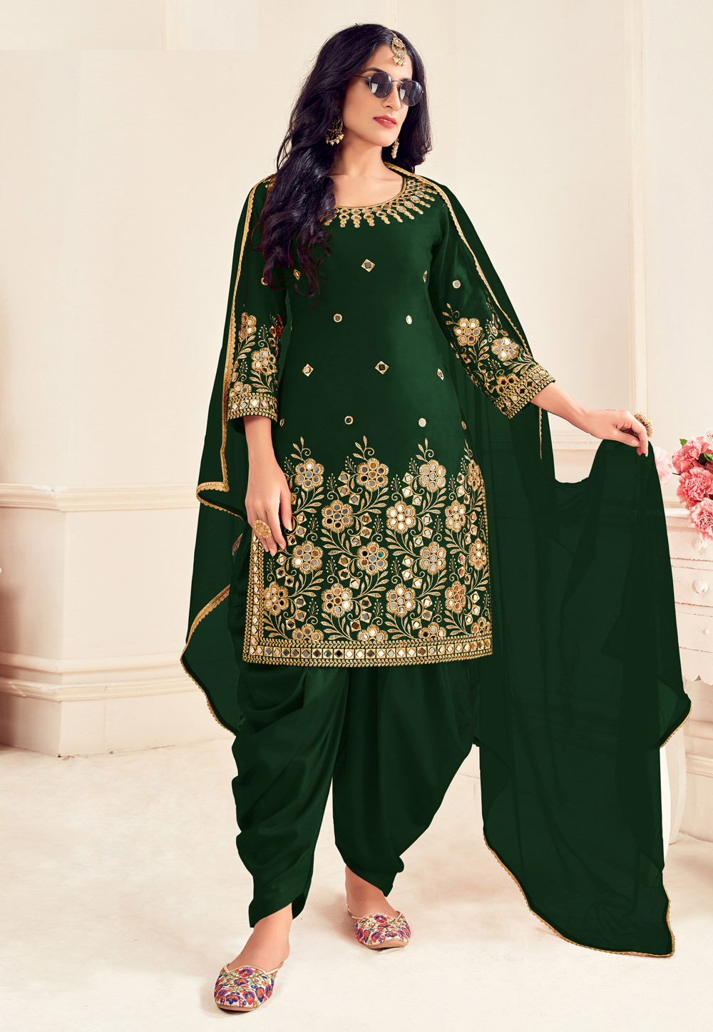 Green Silk Mirror Work Patiala Suit 230921
