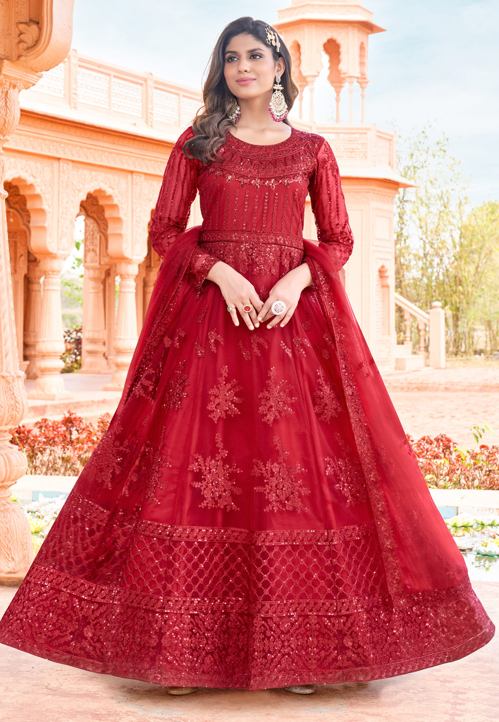 Red Net Embroidered Abaya Style Anarkali Suit 261811