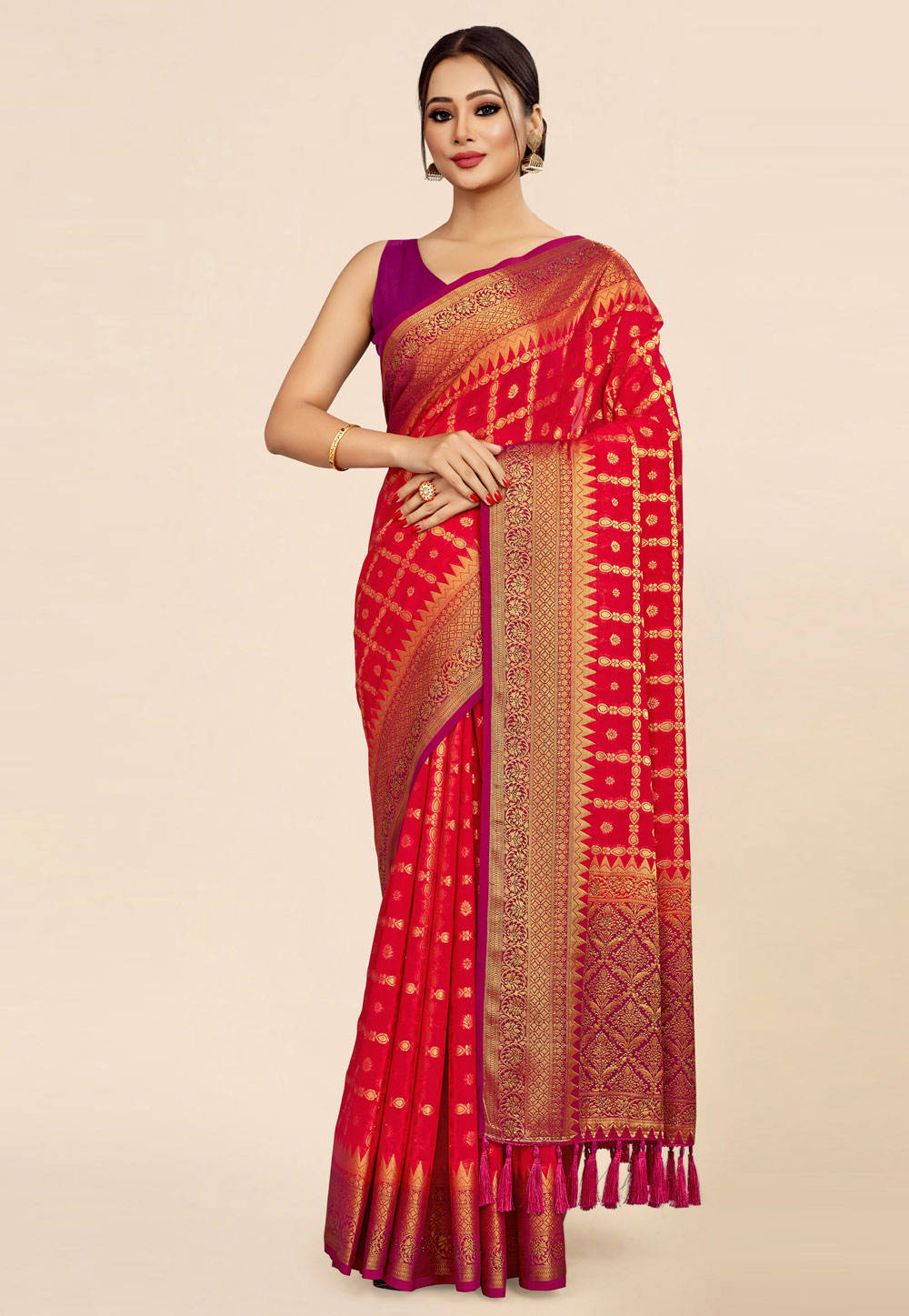 Red Viscose Georgette Saree With Blouse 269406