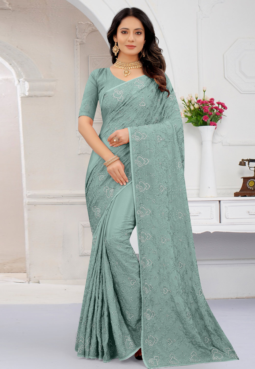 Sea Green Crepe Silk Embroidered Saree With Blouse 244442