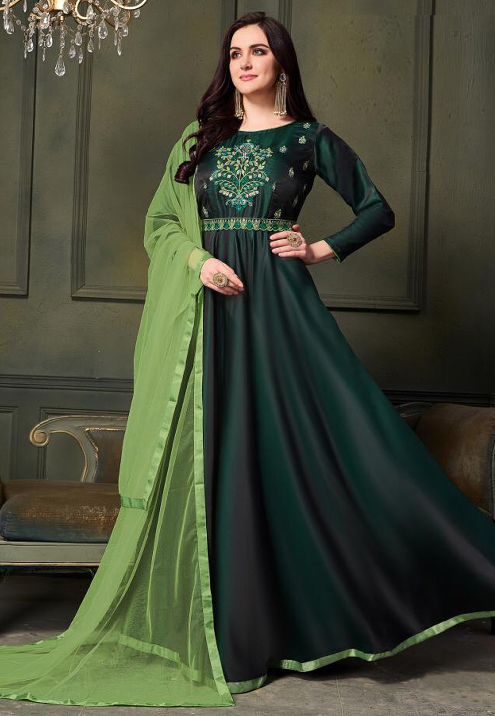 Green Taffeta Flared Long Anarkali Suit 158670