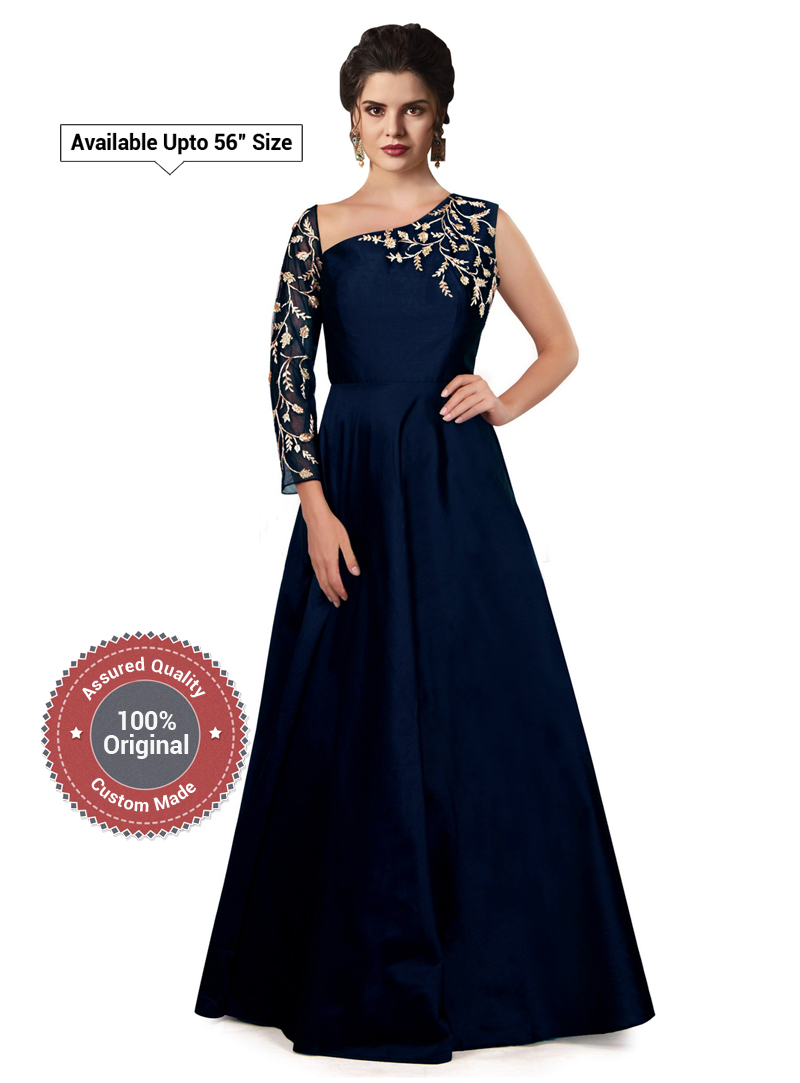 Navy Blue Satin Embroidered Gown 154578