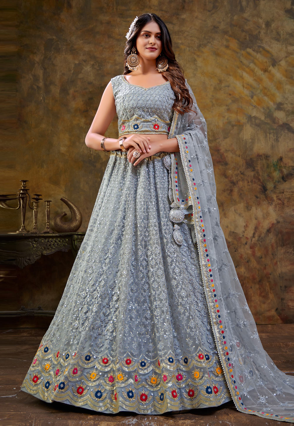 Buy Seaside Blue Lehenga Choli With Heavy Hand Embellished Moroccan And  Floral Pattern Online - Kalki Fashion