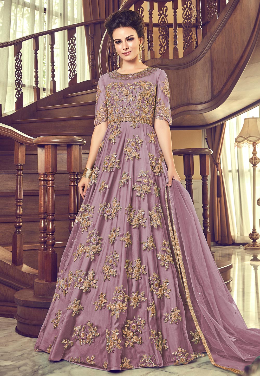 Light Purple Net Embroidered Floor Length Anarkali Suit 177797
