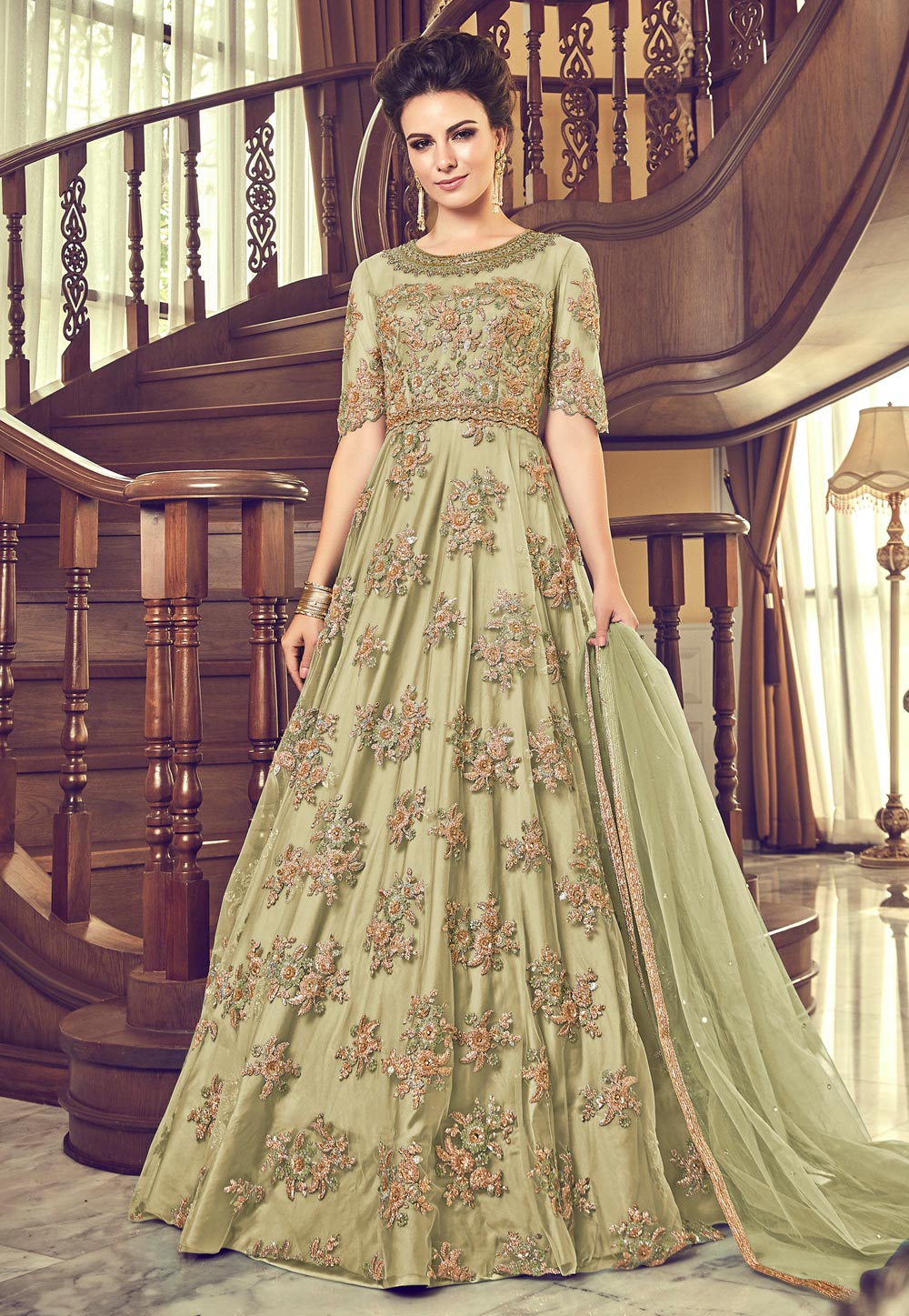 Light Green Net Embroidered Abaya Style Anarkali Suit 177798