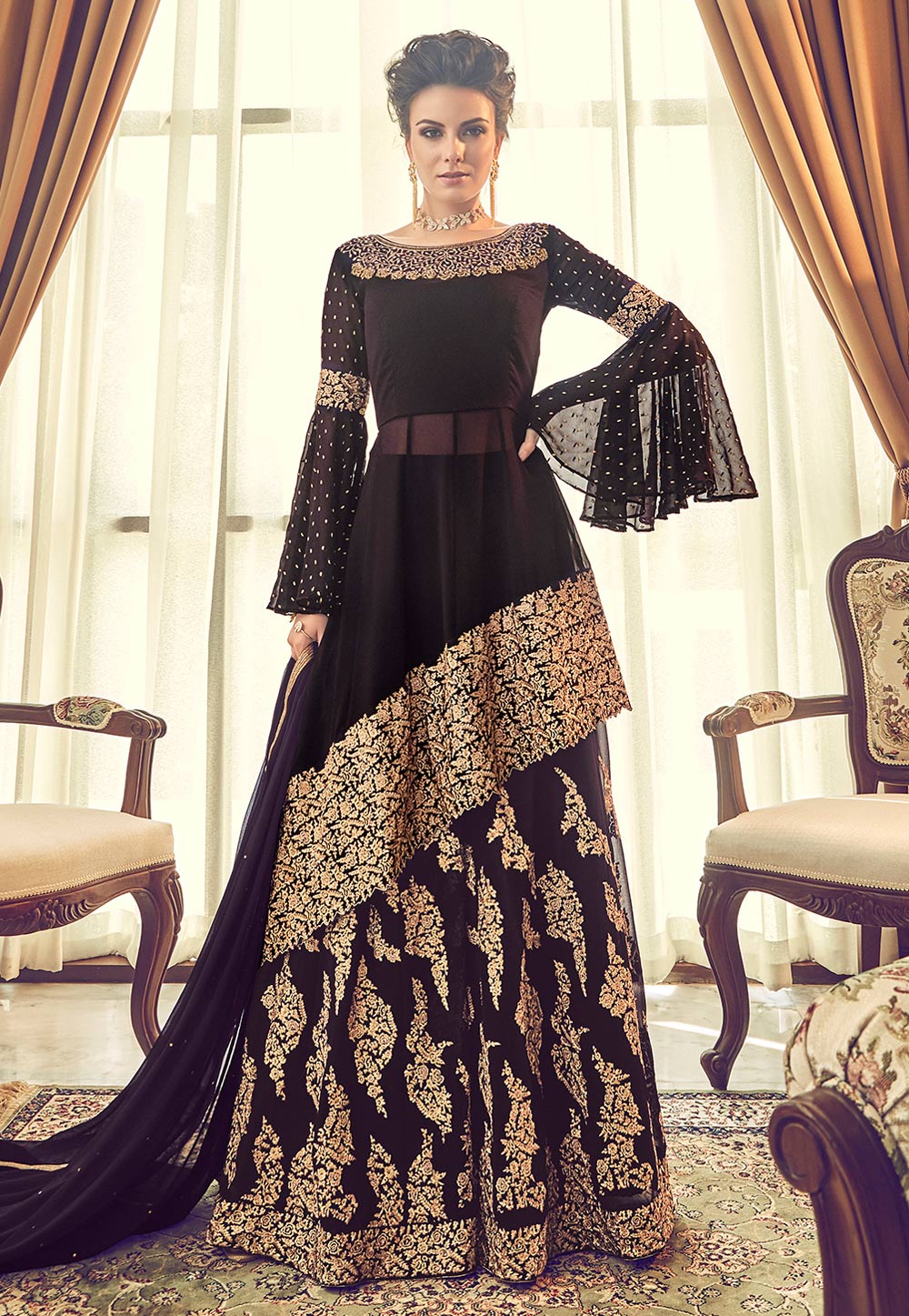 Brown Georgette Embroidered Designer Flared Palazzo Suit 165803