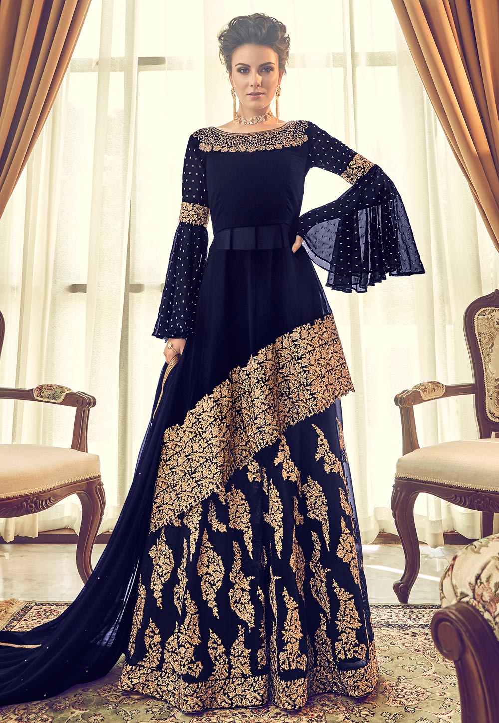 Navy Blue Georgette Embroidered Designer Flared Palazzo Suit 177799