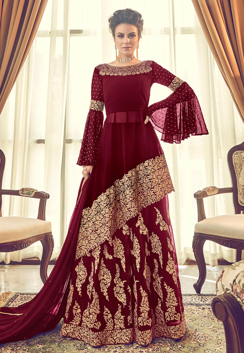 Maroon Georgette Embroidered Designer Kameez With Palazzo 177801