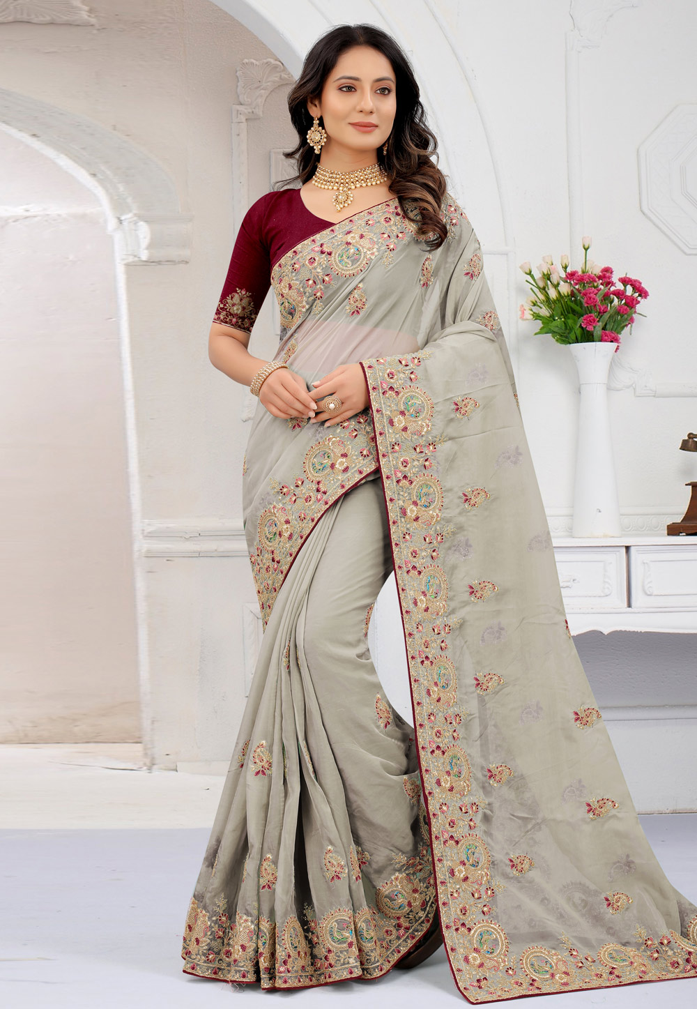 Grey Net Embroidered Saree With Blouse 244444