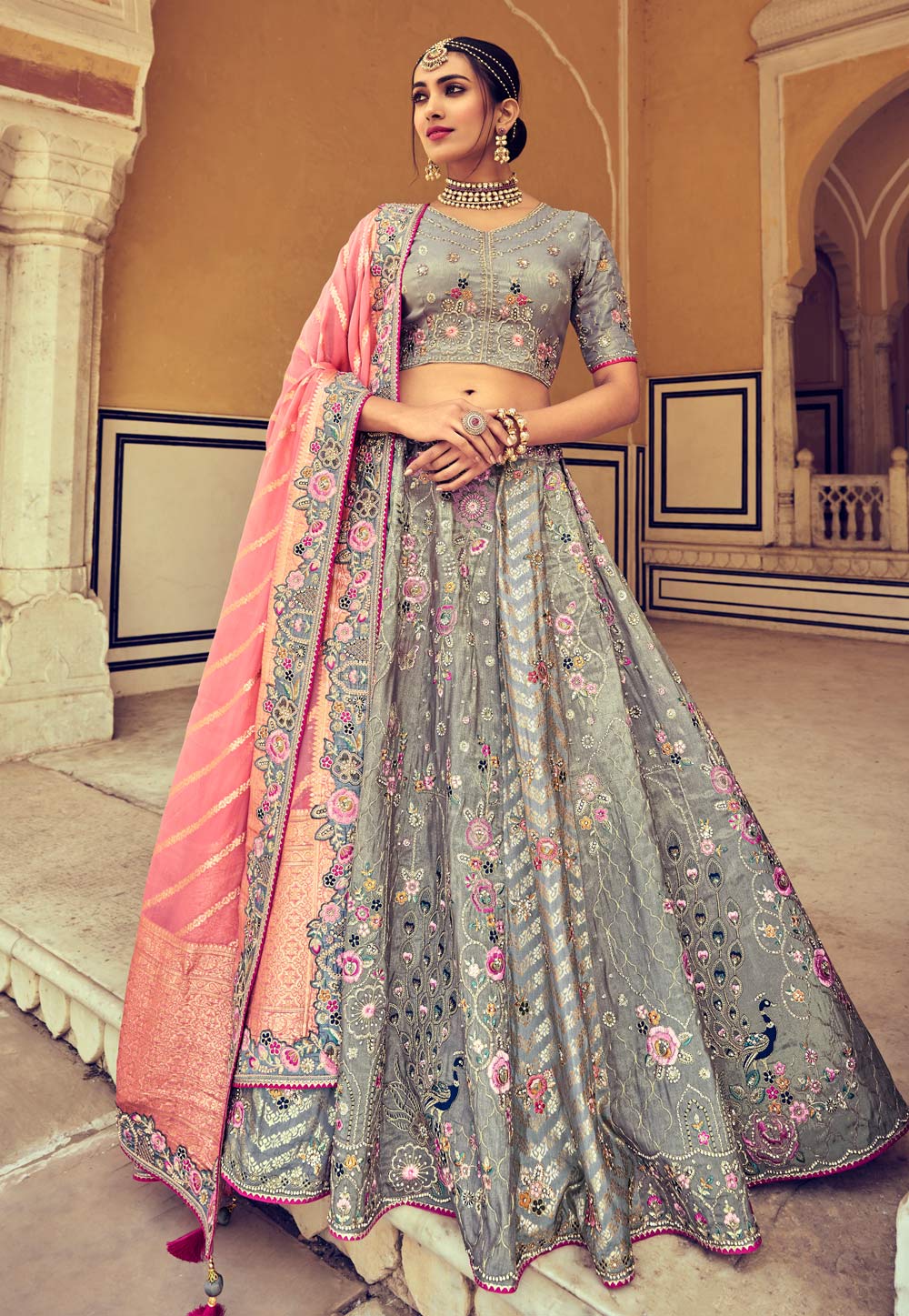 Grey Silk Circular Lehenga Choli 262209