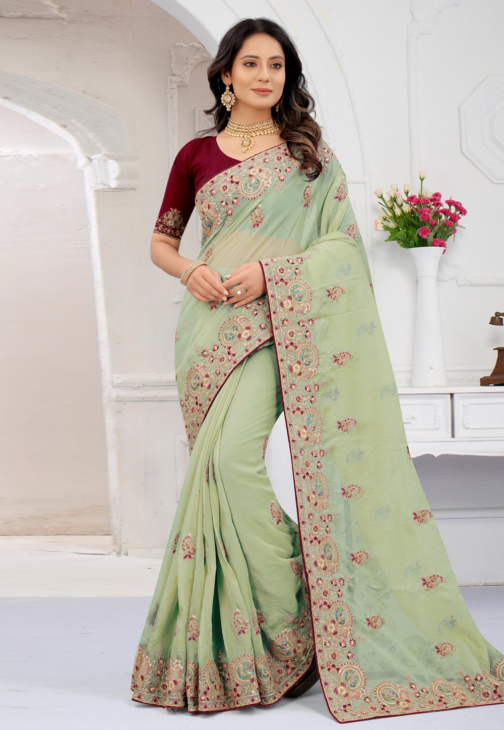 Pista Green Net Embroidered Saree With Blouse 244446
