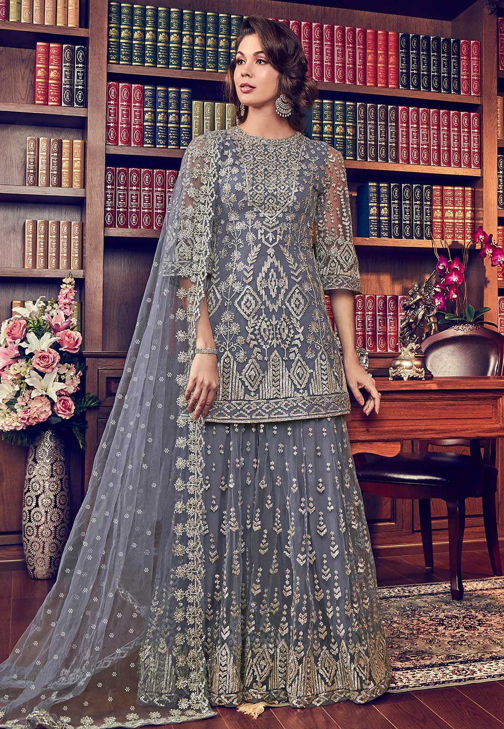 Grey Net Embroidered Sharara Suit 165806