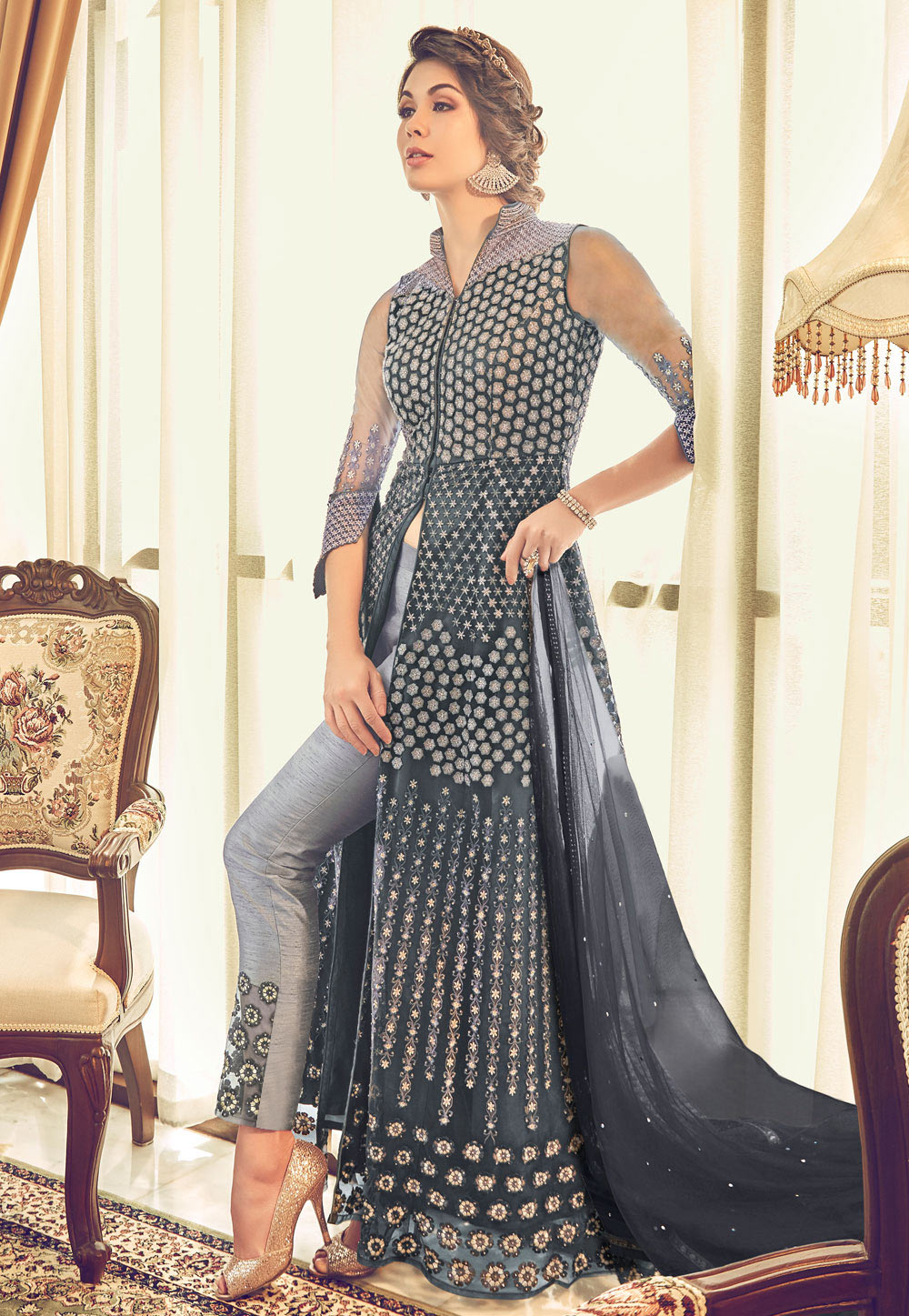 Grey Net Embroidered Pant Style Suit 165807