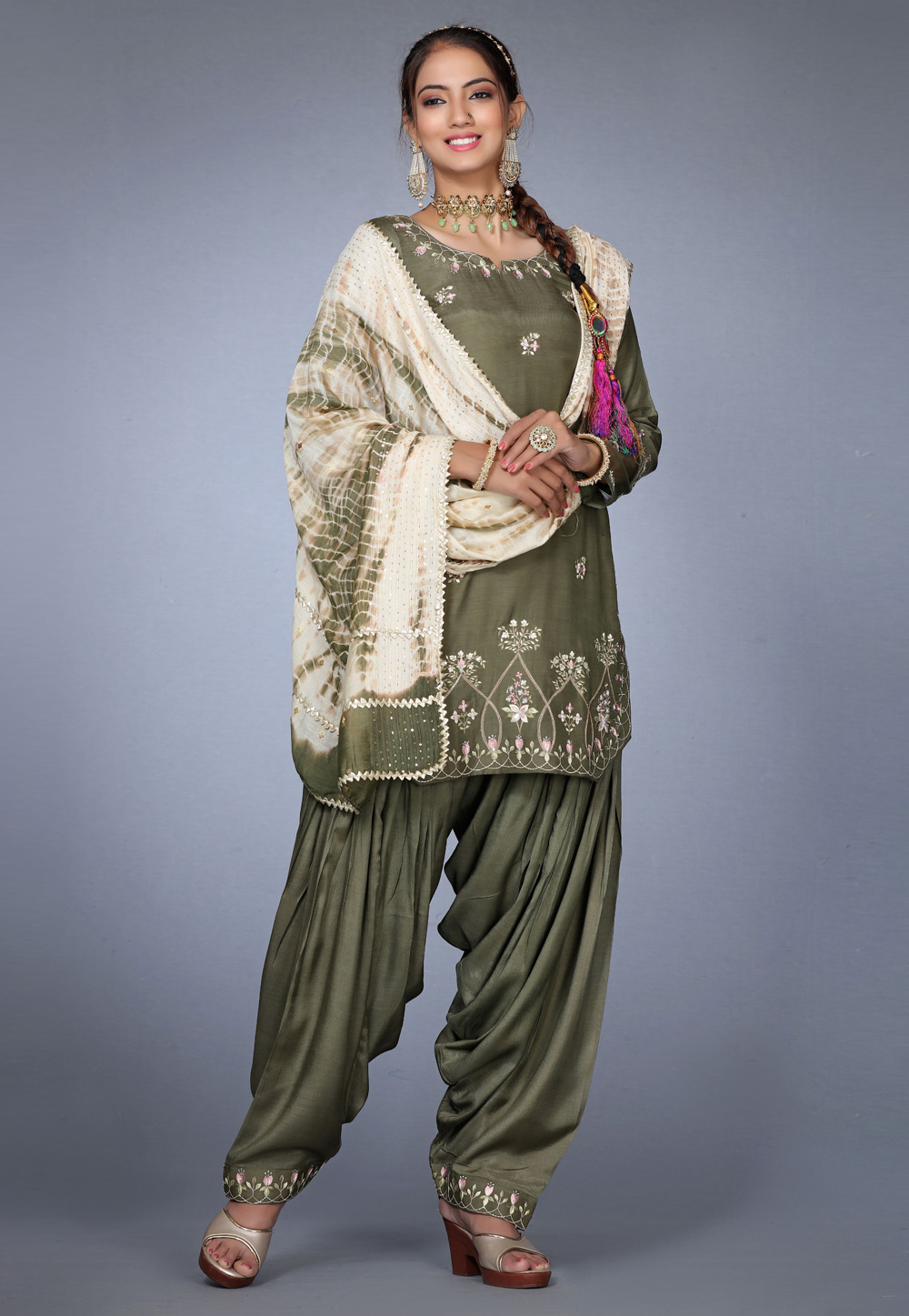 Camo Green Muslin Punjabi Suit 271191