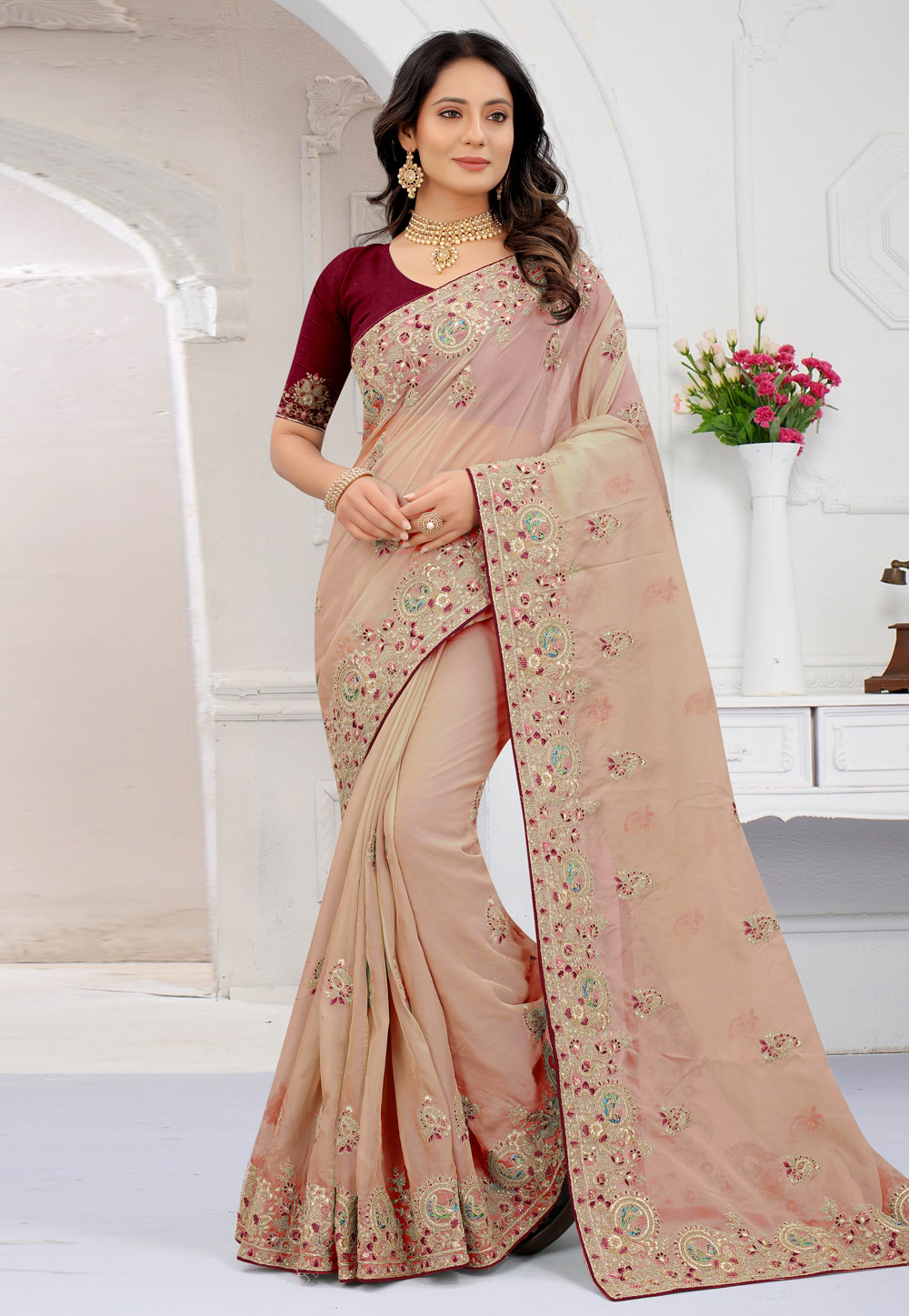 Peach Net Embroidered Saree With Blouse 244448