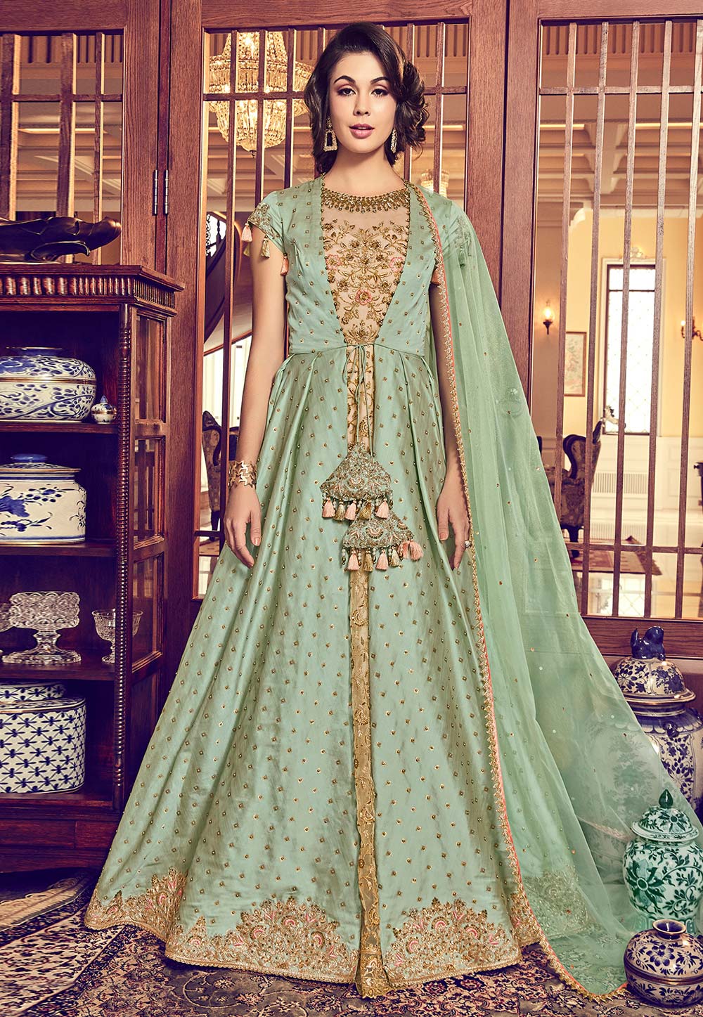 Pista Green Jacquard Embroidered Jacket Style Anarkali Suit 165808