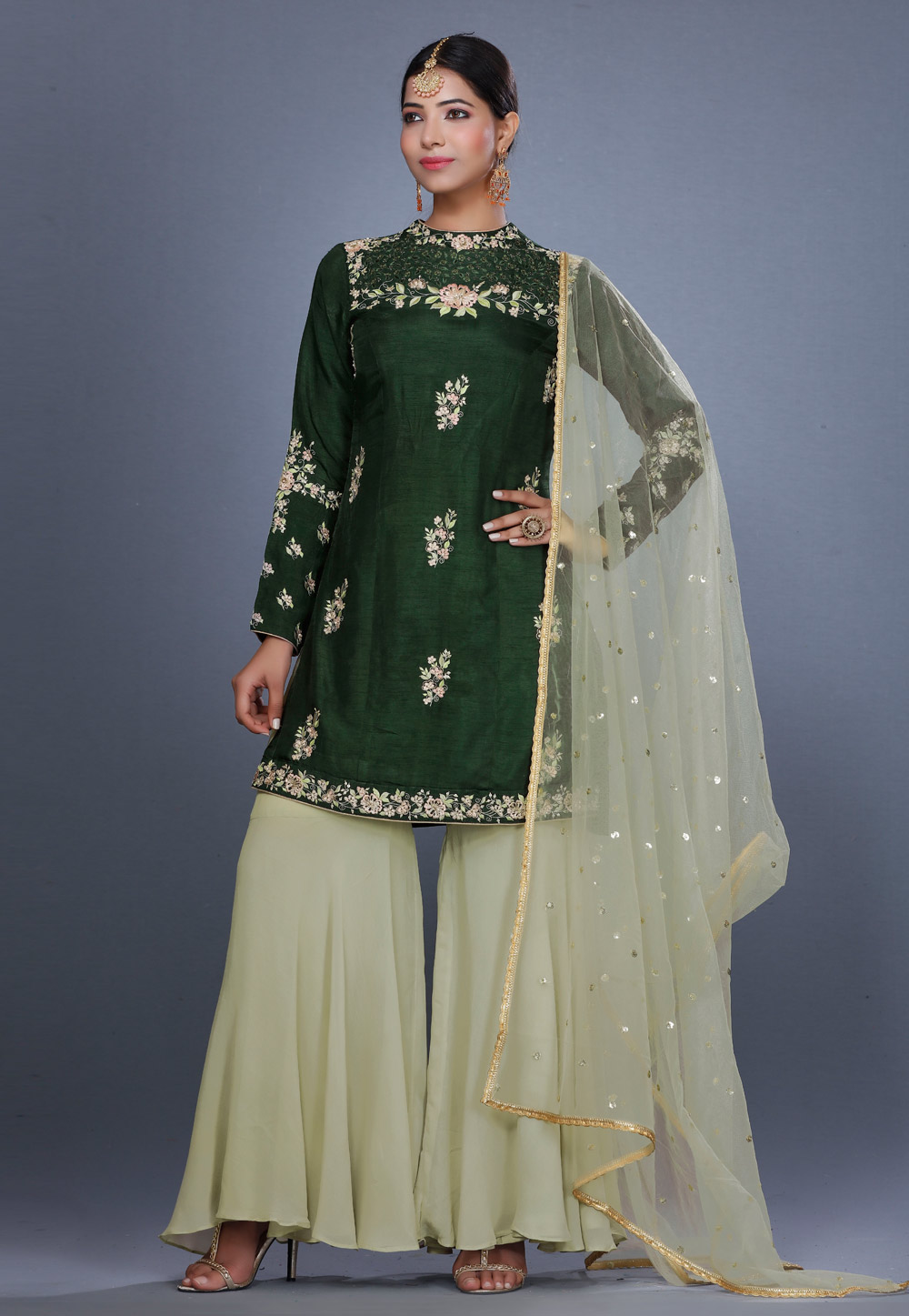 Green Silk Pakistani Sharara Suit 271222