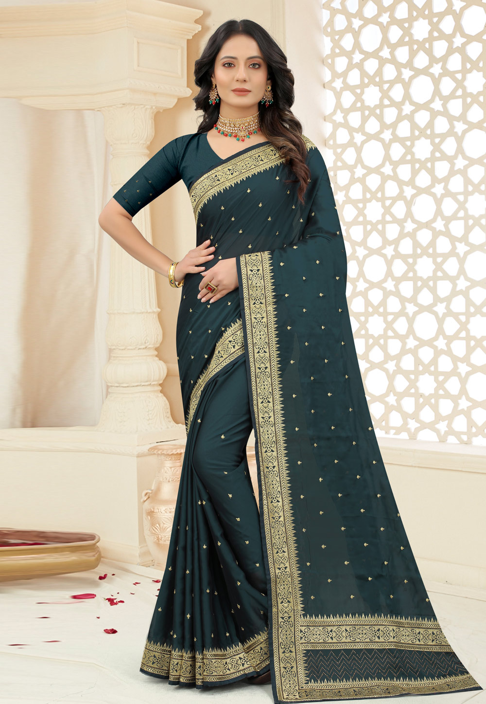 Teal Silk Embroidered Saree With Blouse 244534
