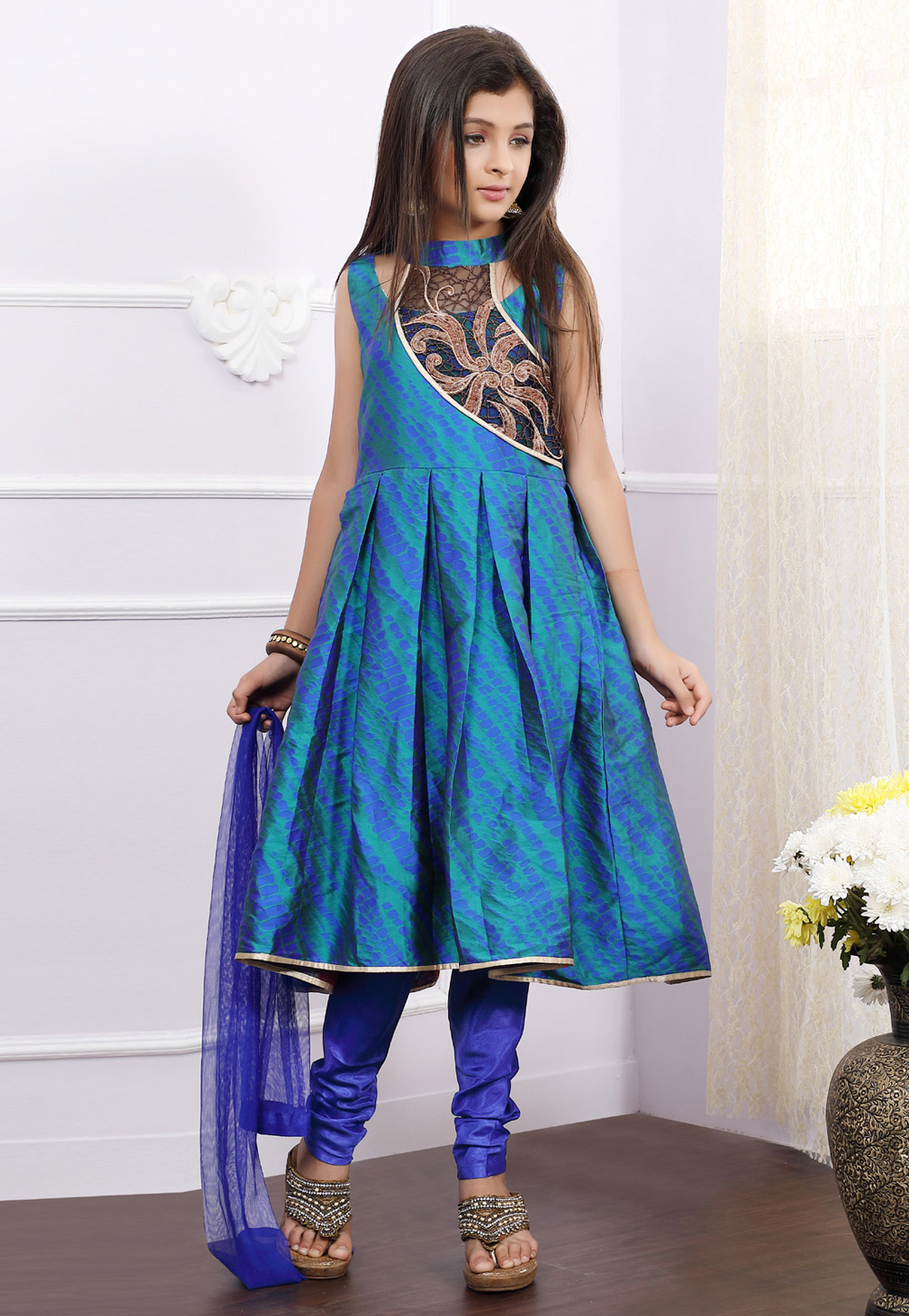 Blue Art Silk Readymade Kids Anarkali Salwar Kameez 171703