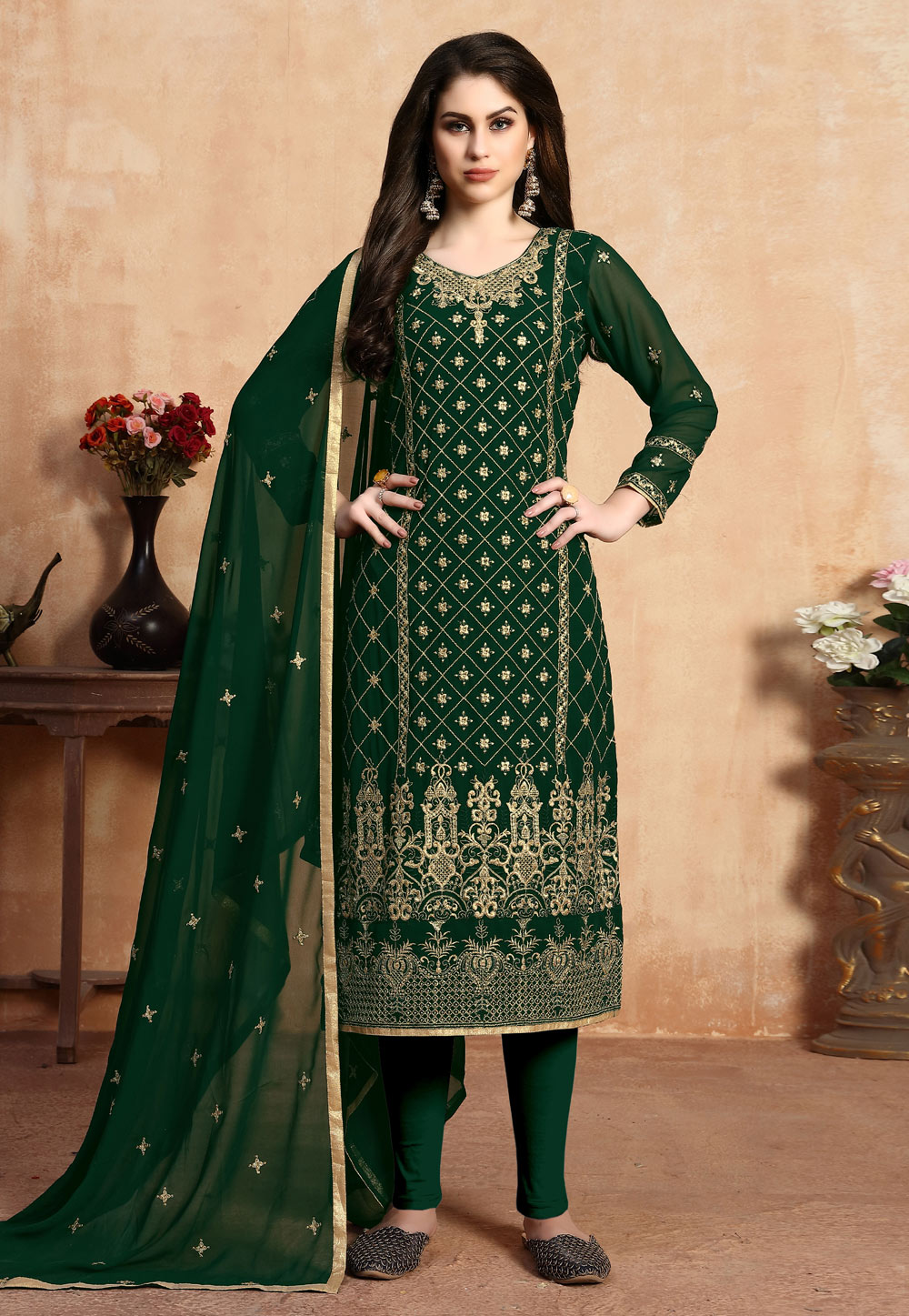 Green Faux Georgette Pant Style Suit 200933