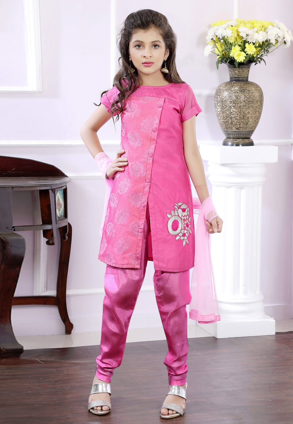 Pink Brocade Readymade Kids Salwar Kameez 171714