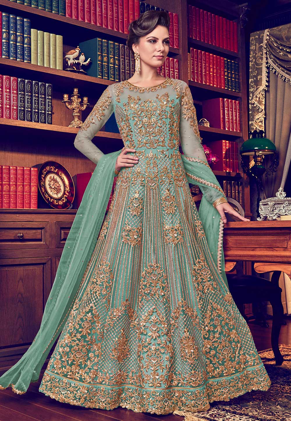 Sea Green Net Embroidered Long Anarkali Suit 177805