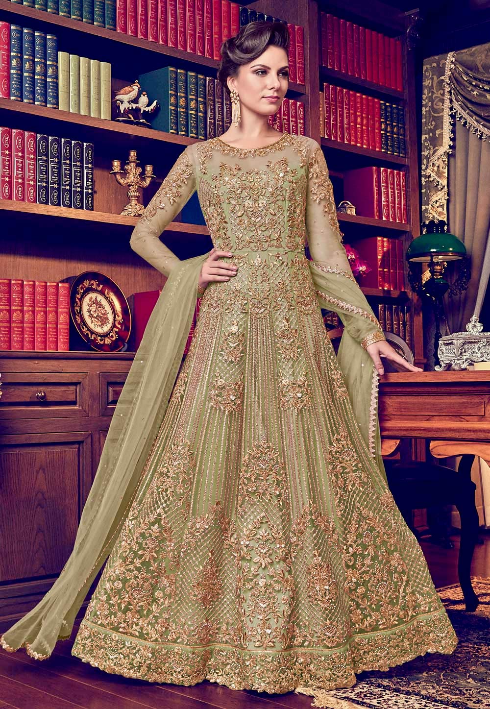 Light Green Net Embroidered Abaya Style Anarkali Suit 177806