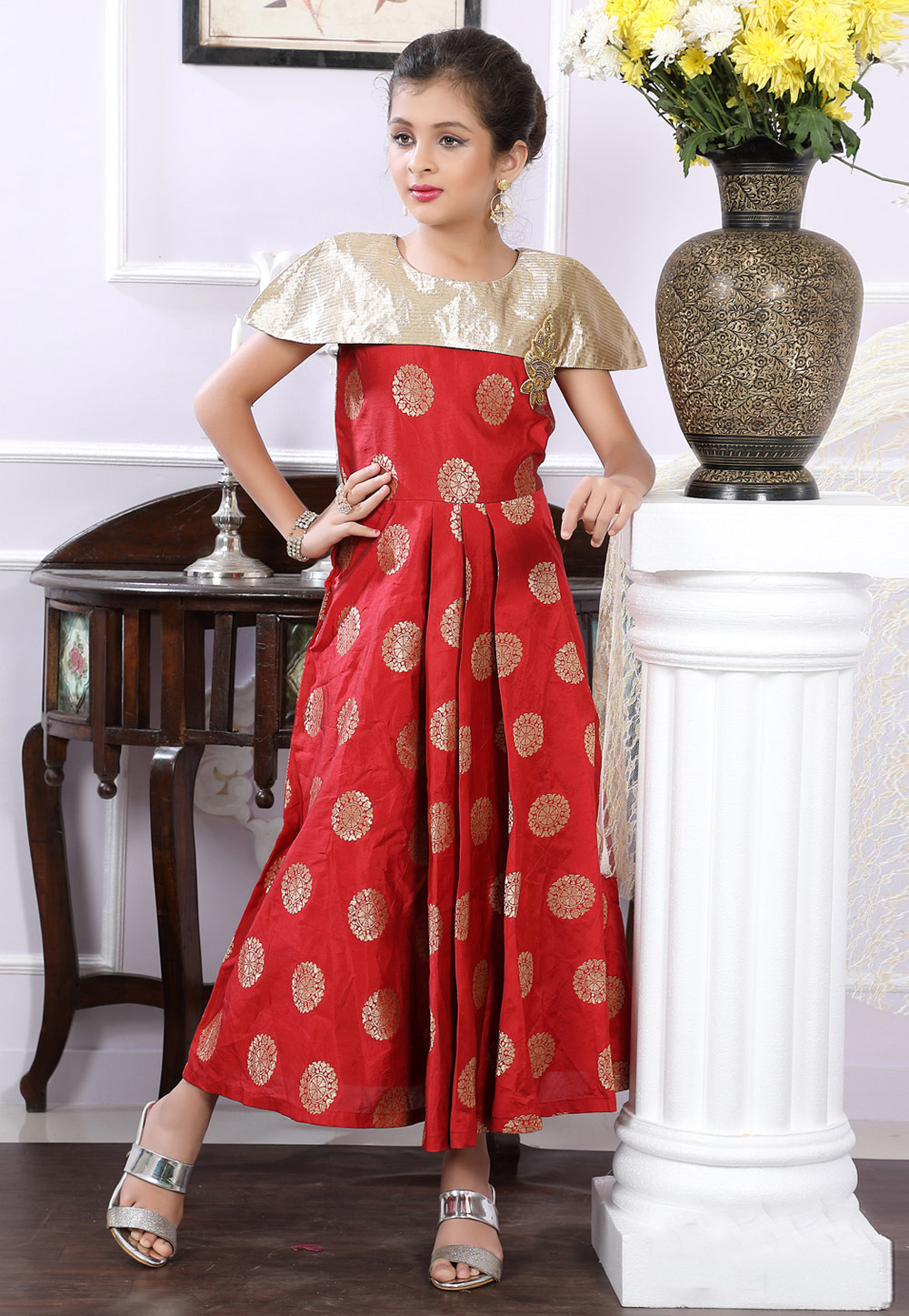 Red Brocade Readymade Kids Gown With Cape 171728
