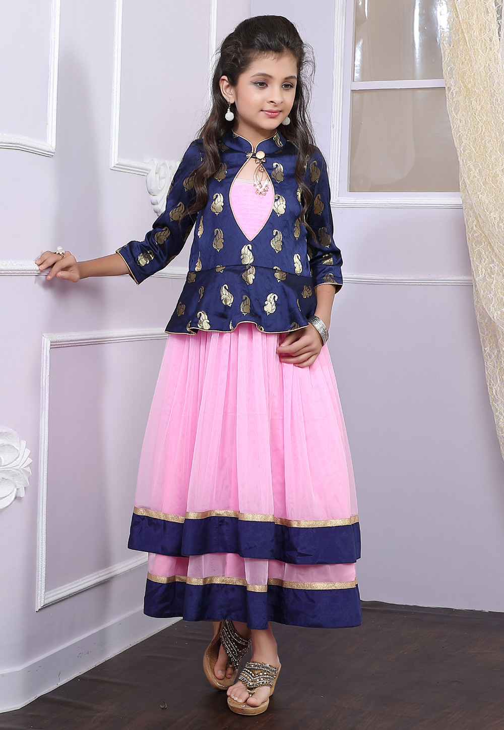 Pink Net Readymade Kids Gown 171729