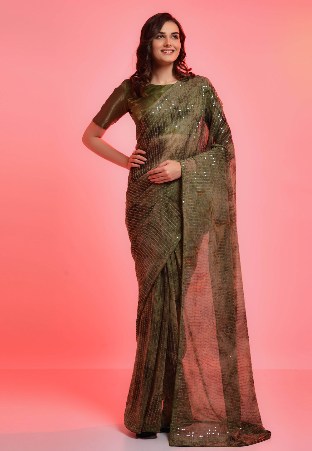 Camo Green Chiffon Saree With Blouse 262856