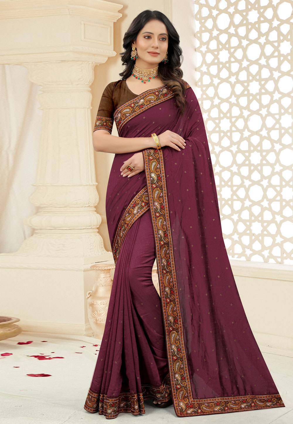 Wine Silk Embroidered Saree With Blouse 244539