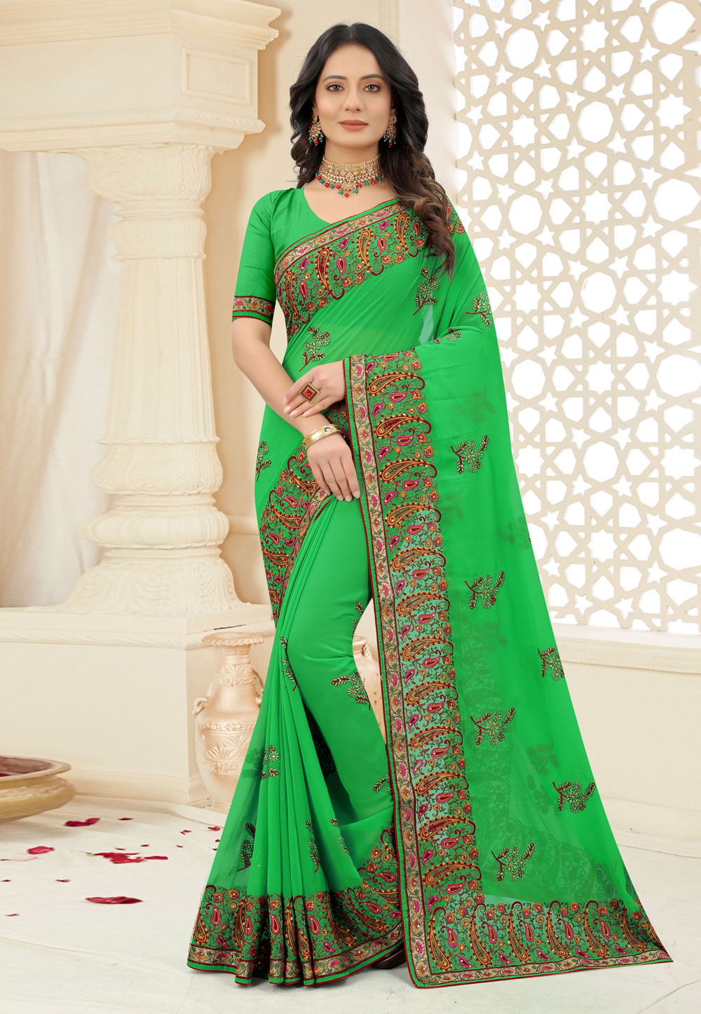 Light Green Georgette Embroidered Saree 244540