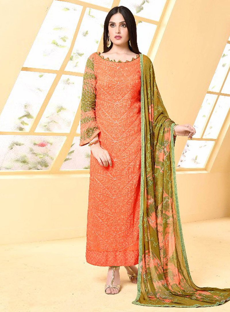 Orange Chiffon Pakistani Style Suit 132814