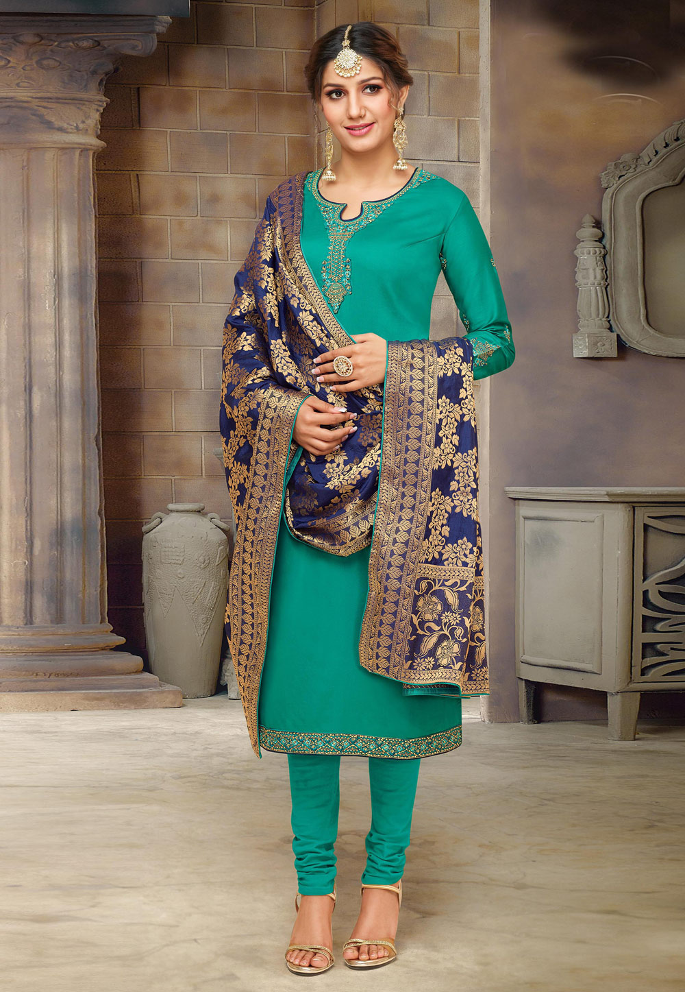 Sapna Choudhary Sea Green Cotton Embroidered Churidar Suit 169533