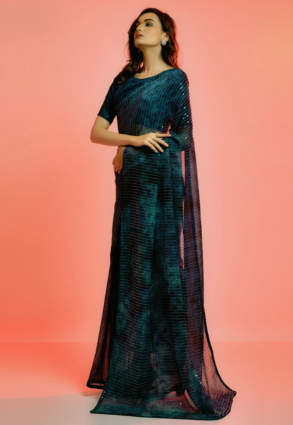 Teal Chiffon Saree With Blouse 262860