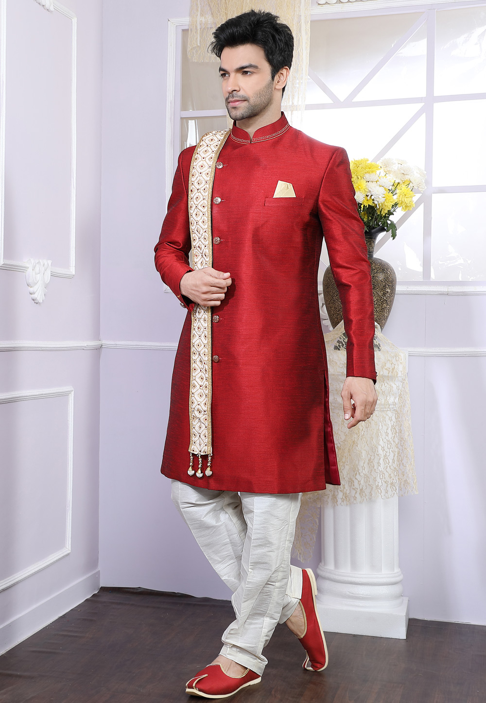 Maroon Banglori Silk Readymade Indo Western Suit 166977