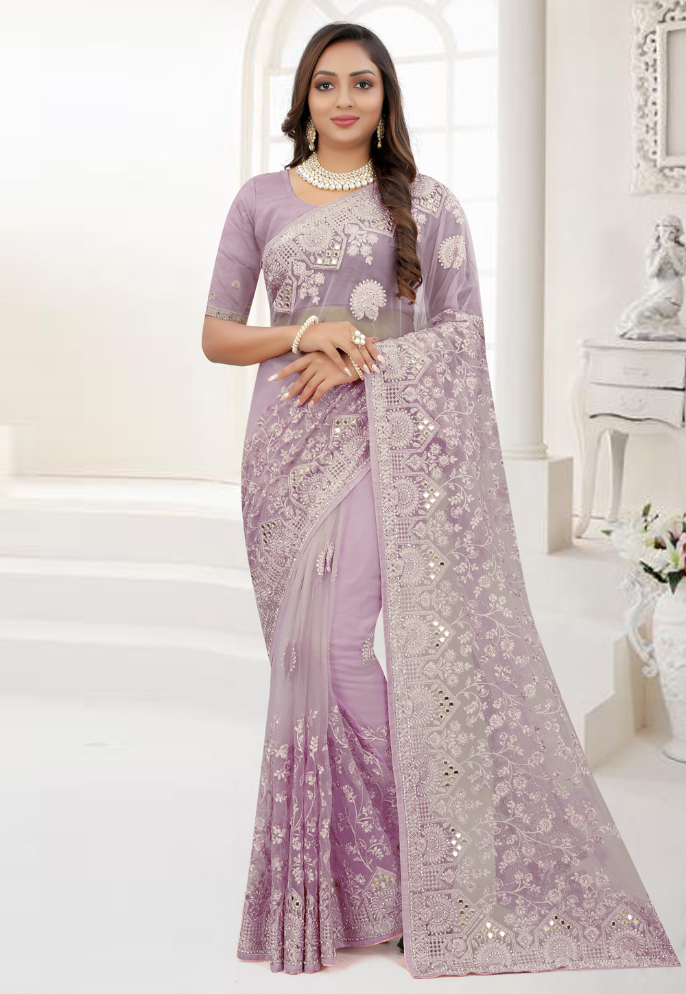 Light Purple Net Embroidered Saree 245146