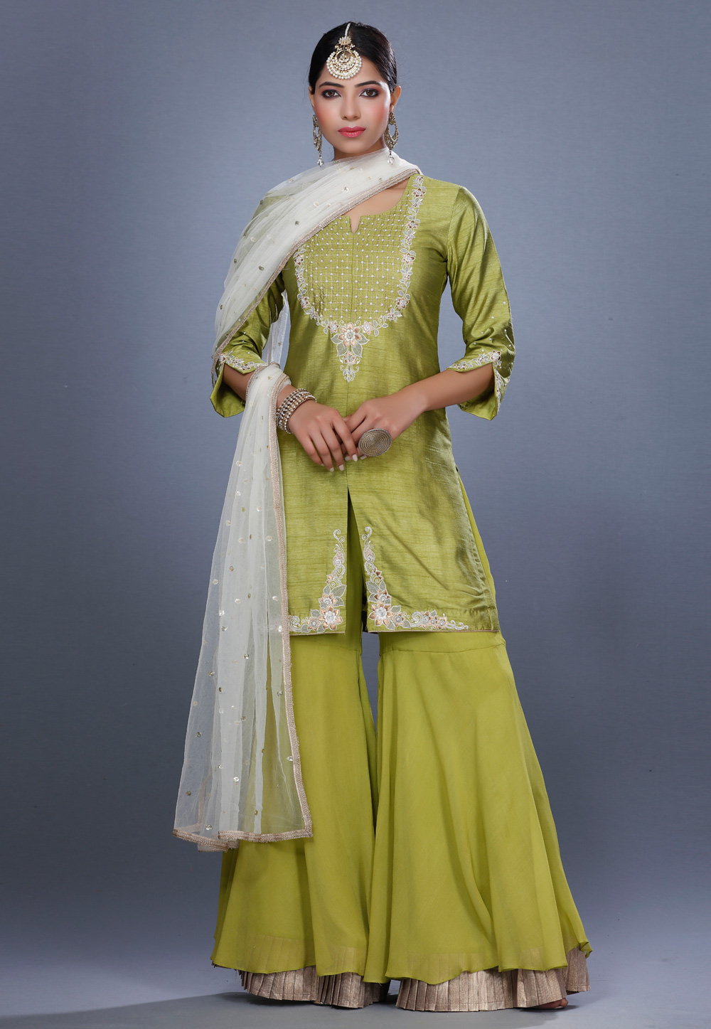 Embroidered Birbanni Cotton Light Green Kurti Garara And Dupatta Set For  Women at best price in Jaipur
