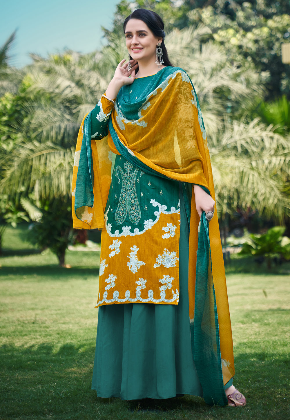 Teal Cotton Kameez With Palazzo 221040