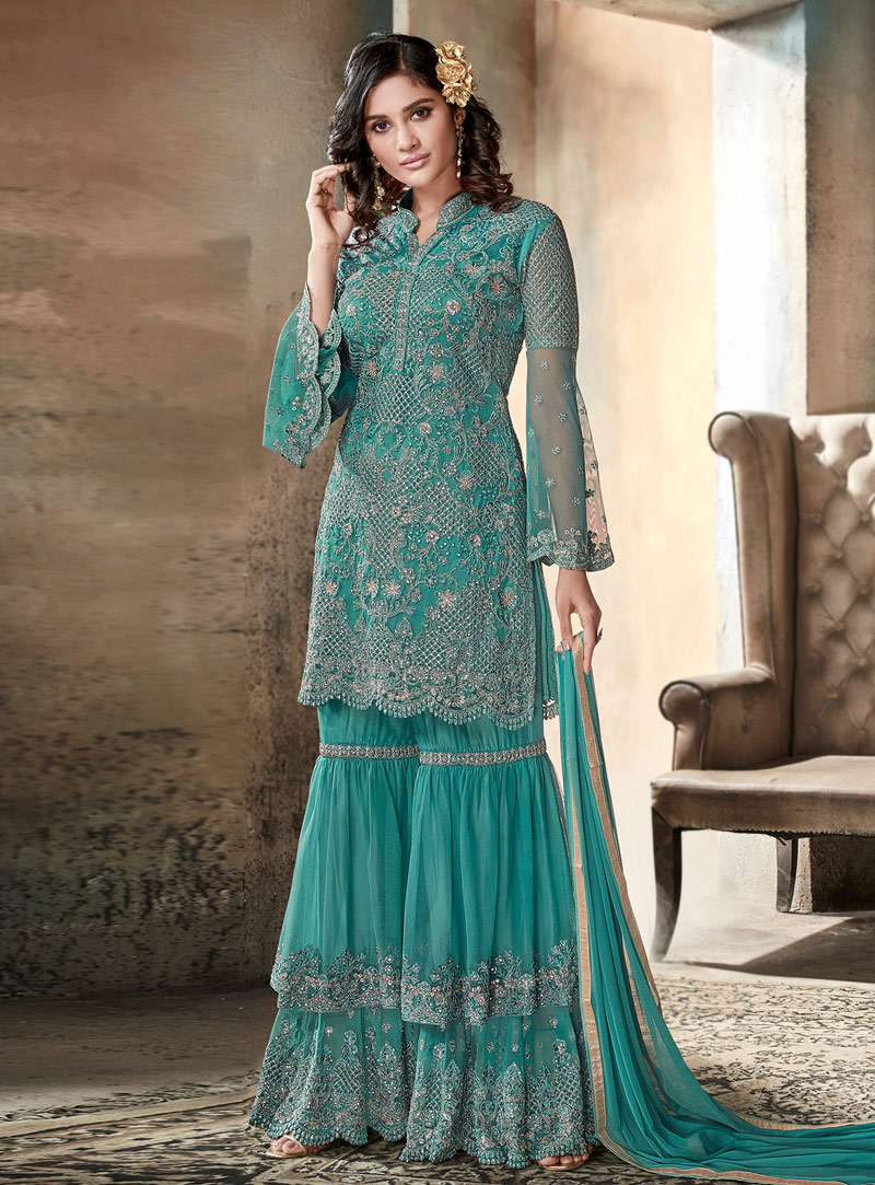 Sea Green Net Sharara Style Suit 148464