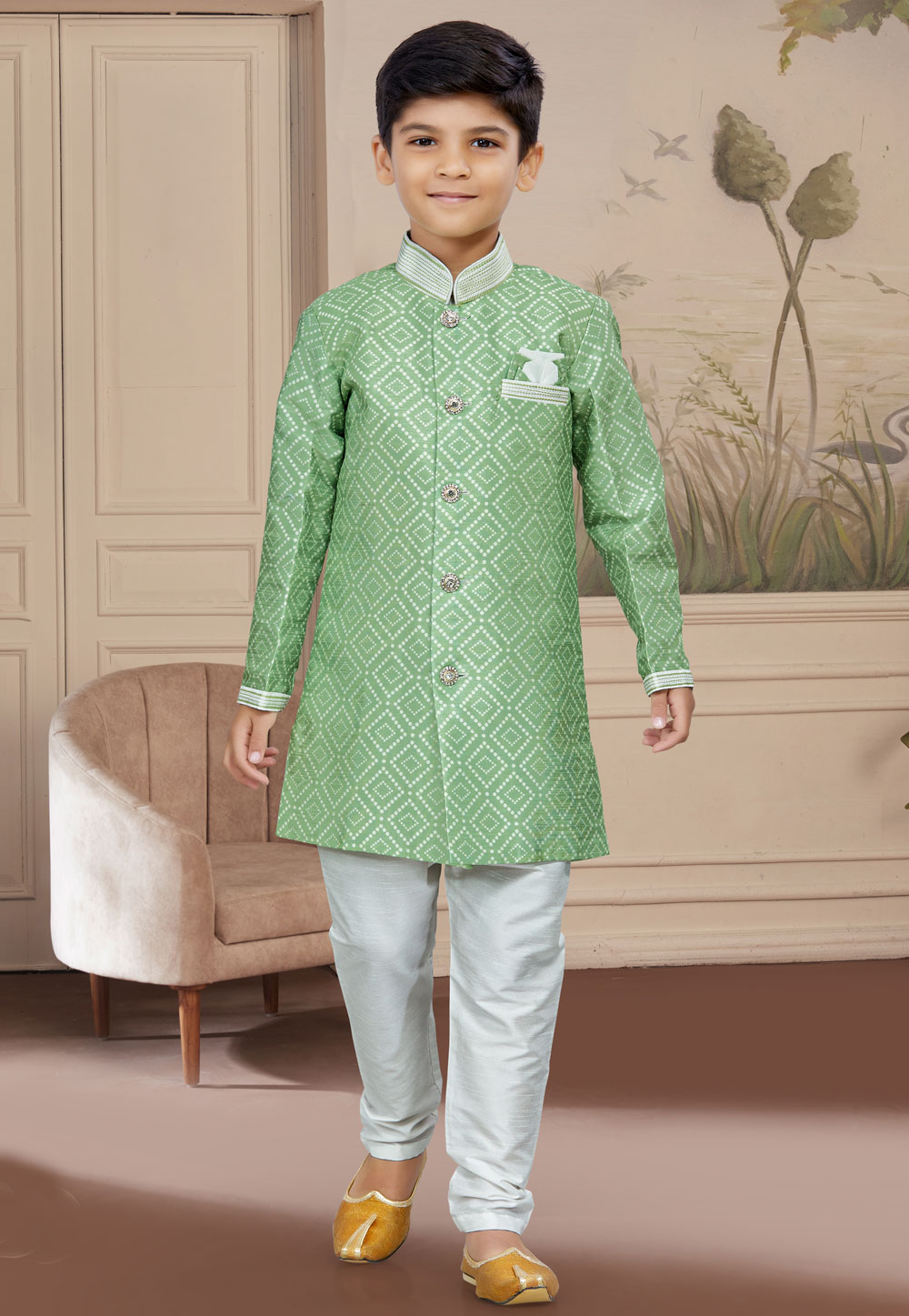 Light Green Silk Readymade Kids Indo Western Sherwani 267580